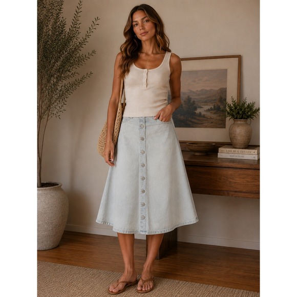 BLANKNYC Dresses & Skirts - BLANKNYC Skirt Womens 29 Light Blue Flare Denim Linen Blend Button Front Midi